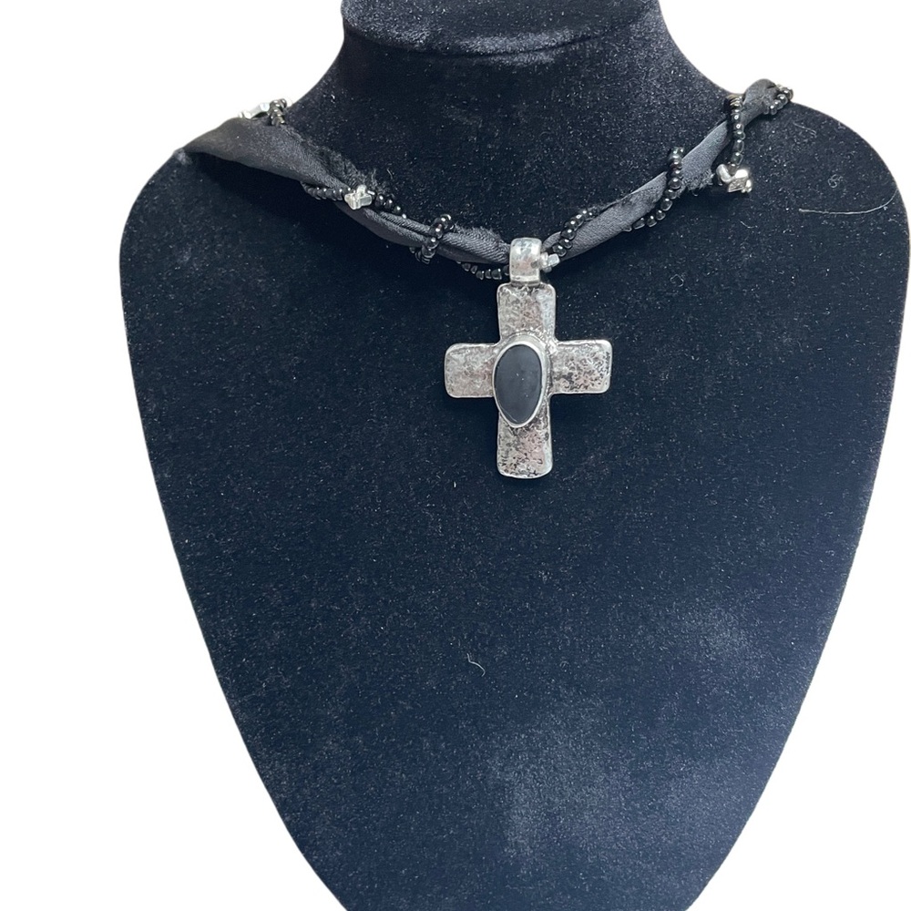 Free People Silver and Black Cross Pendant Necklace